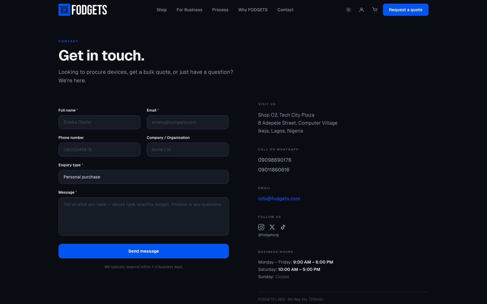 Fodgets contact page with an enquiry form for procurement and bulk quotes beside the shop address, phone numbers, and business hours