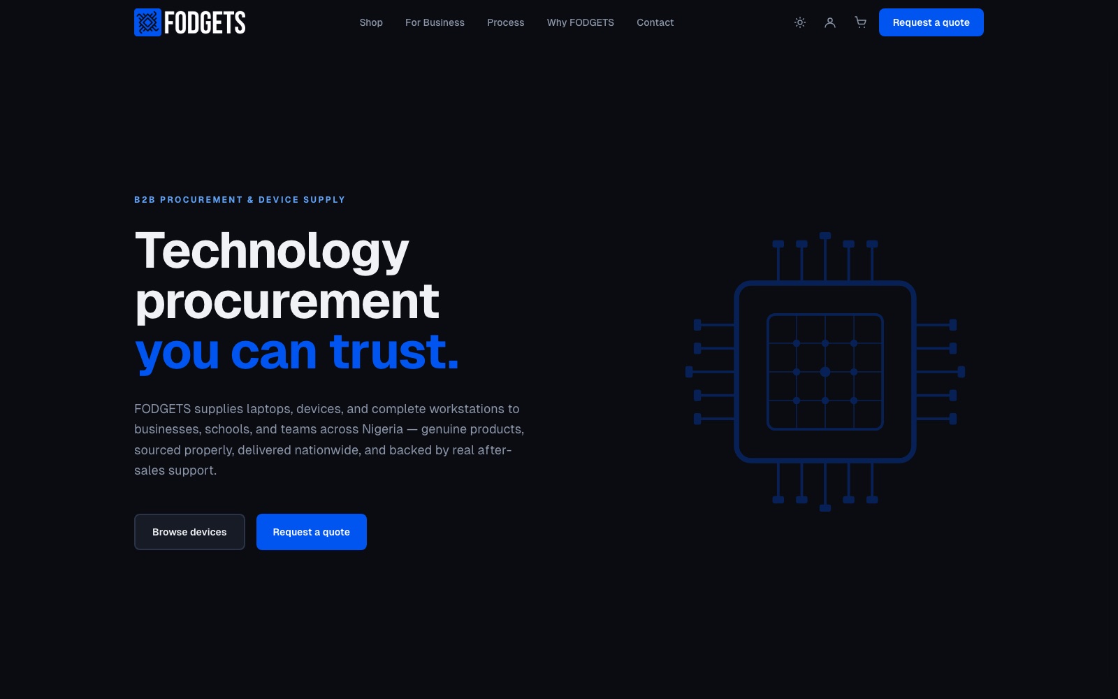 Fodgets homepage hero — headline "Technology procurement you can trust." beside a blue microchip illustration, with Browse devices and Request a quote buttons.
