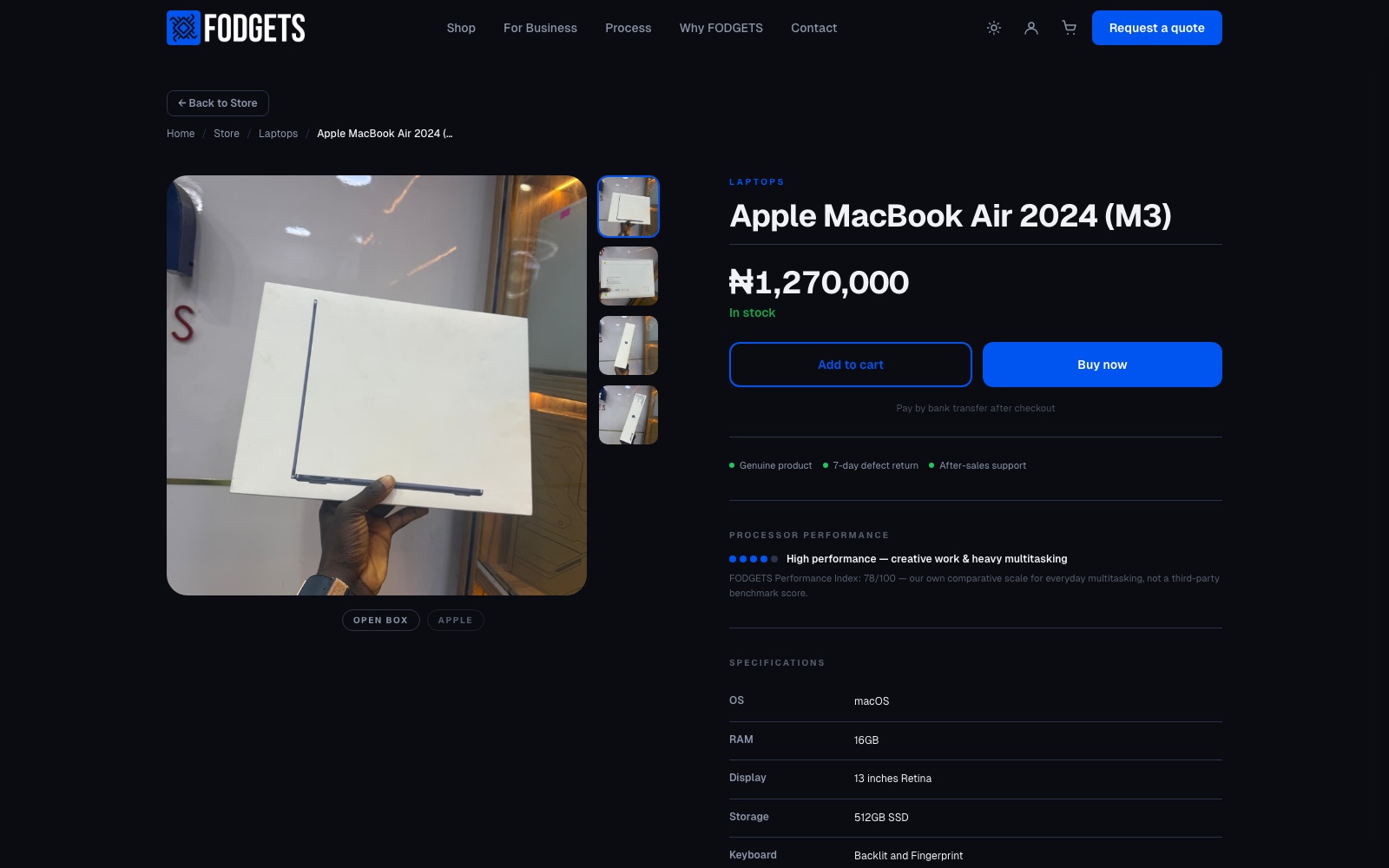 Fodgets product page for an Apple MacBook Air 2024 M3 showing price in naira, stock status, a processor performance index, and a specifications table