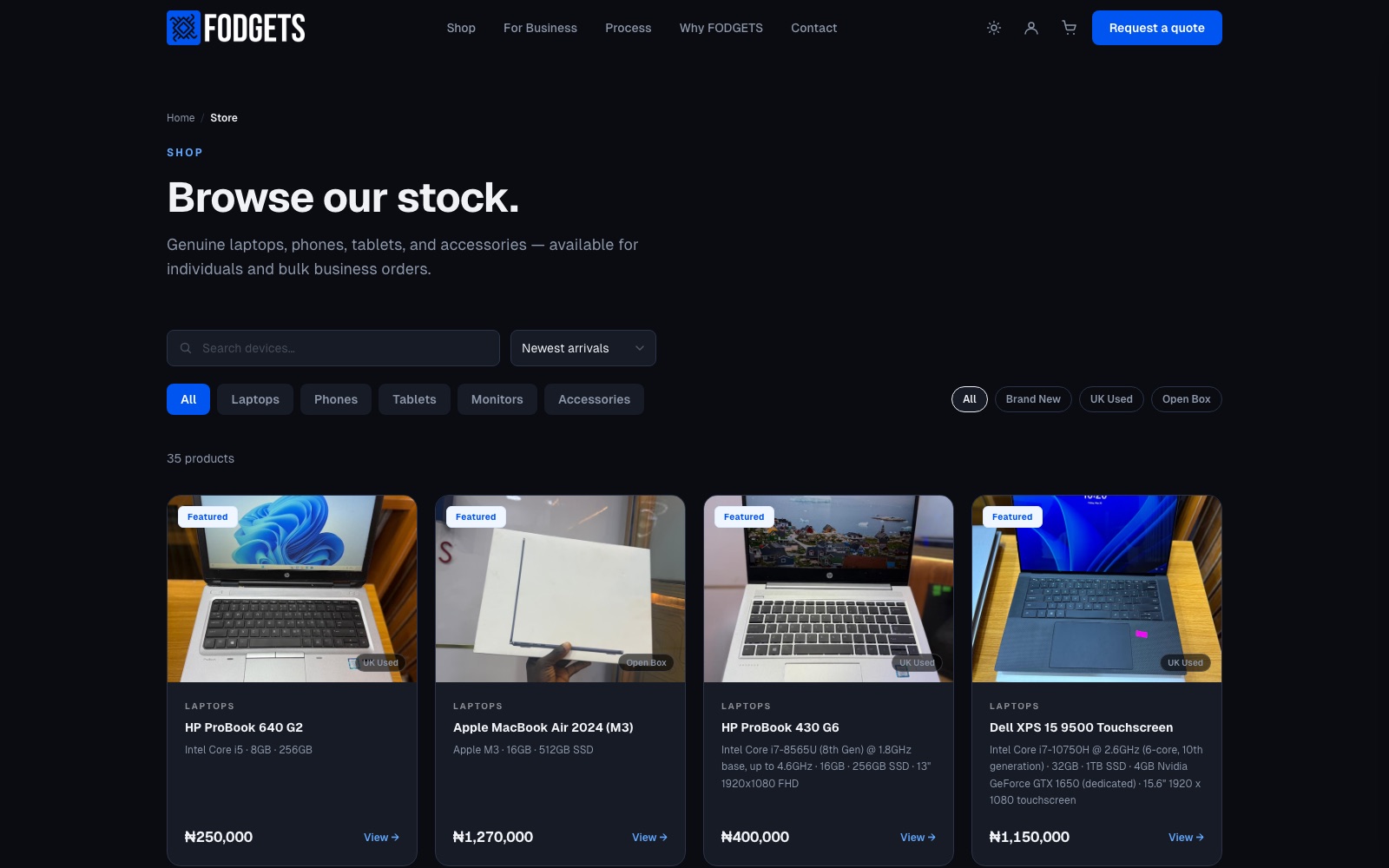 Fodgets store page — searchable product grid of laptops with category filters and condition filters for Brand New, UK Used, and Open Box