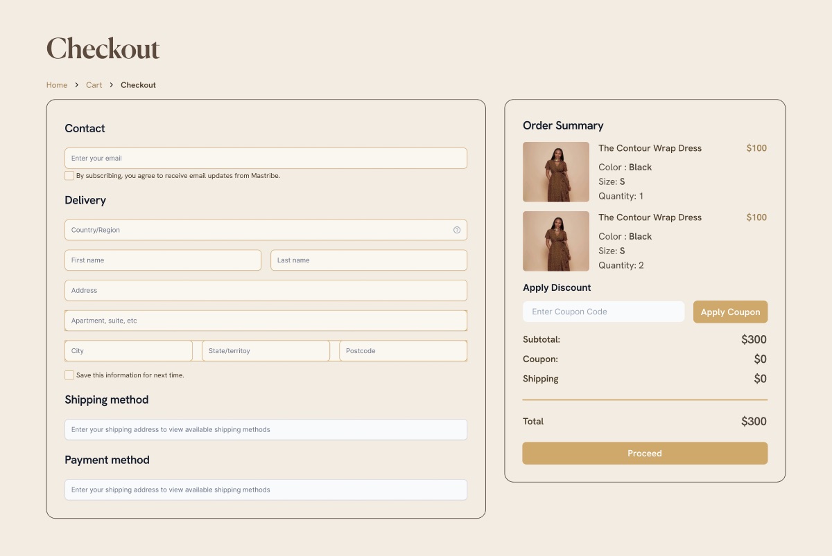 Mastribe checkout page with contact, delivery, and order summary