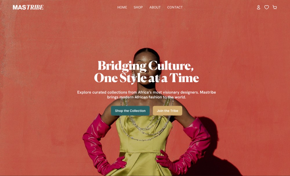 Mastribe homepage hero — a model in a printed dress against a terracotta backdrop, headline "Bridging Culture, One Style at a Time."
