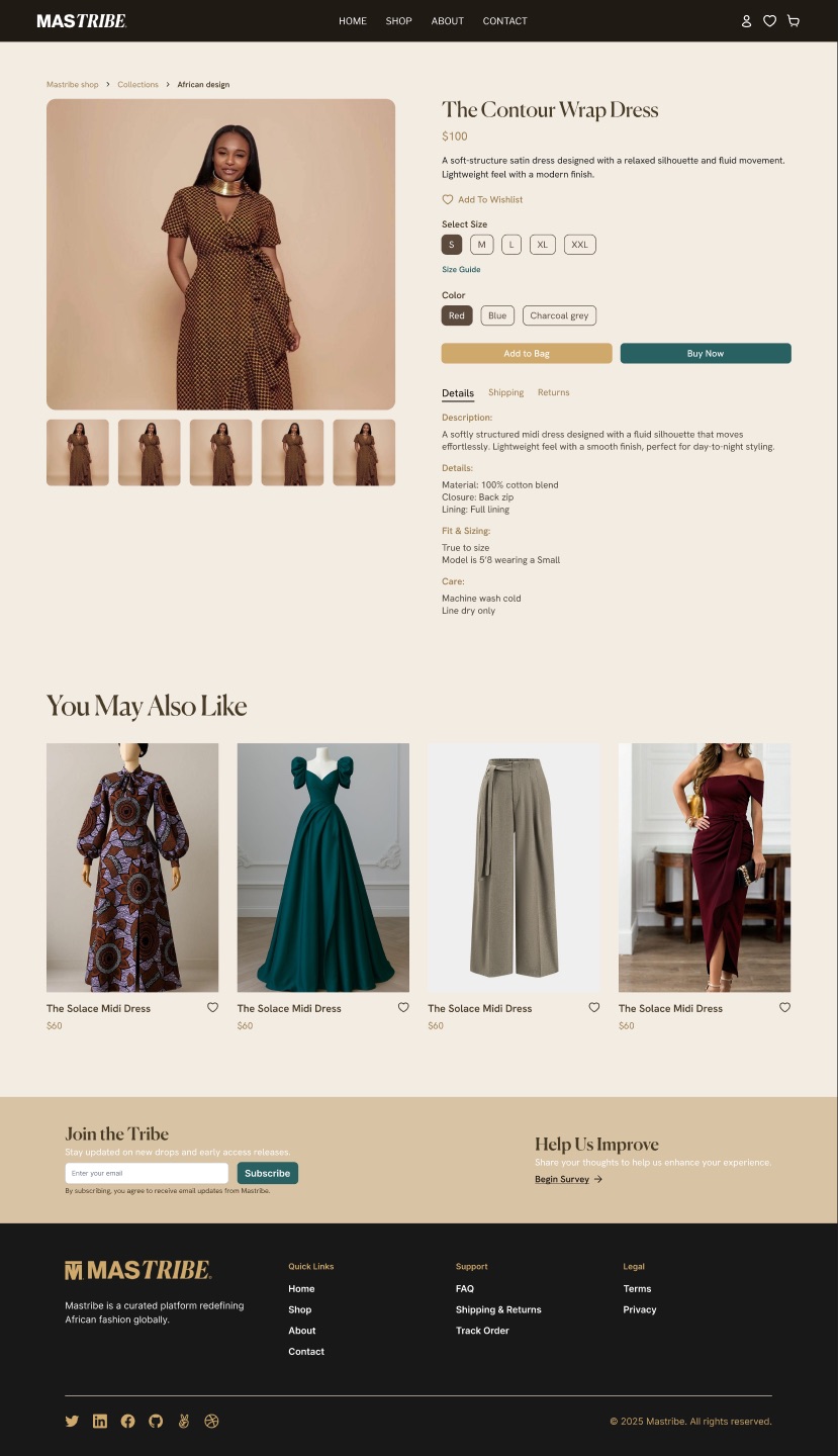 Mastribe product detail page for The Contour Wrap Dress, showing size, colour, and Add to Bag