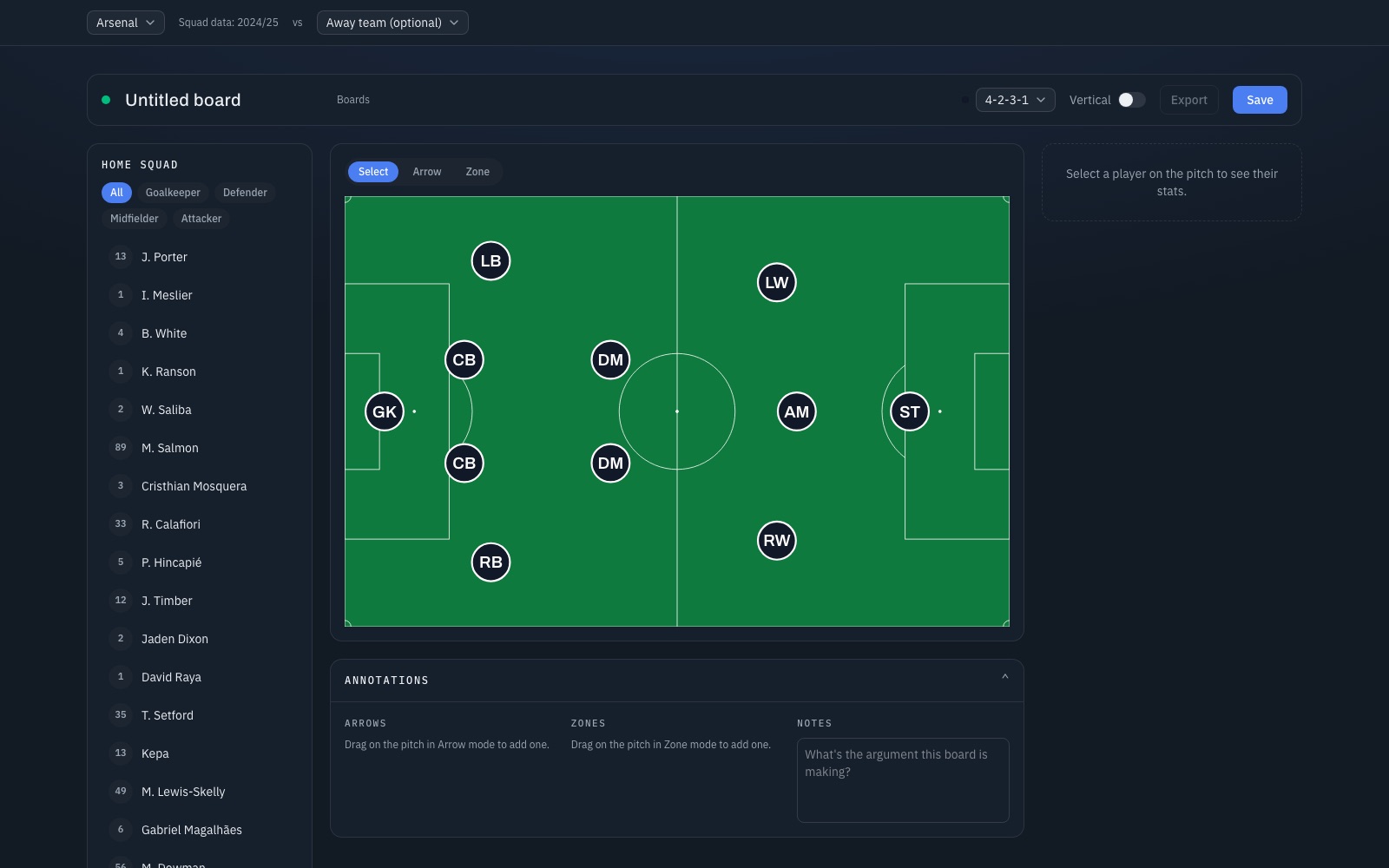 Underlap board editor — Arsenal squad list beside an SVG pitch in a 4-2-3-1, with annotation modes for arrows, zones, and notes